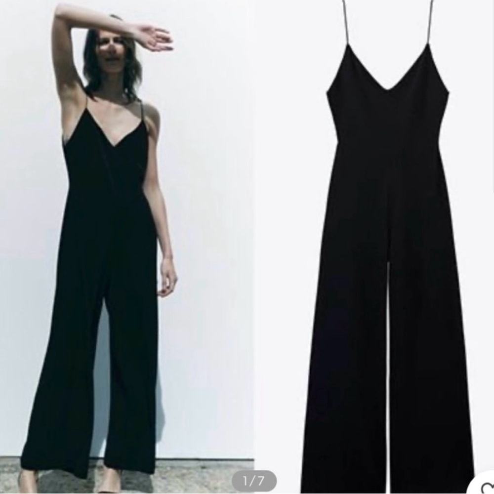 EUC! Zara Spaghetti Strap Minimalist Black Wide-Leg Jumpsuit lrge